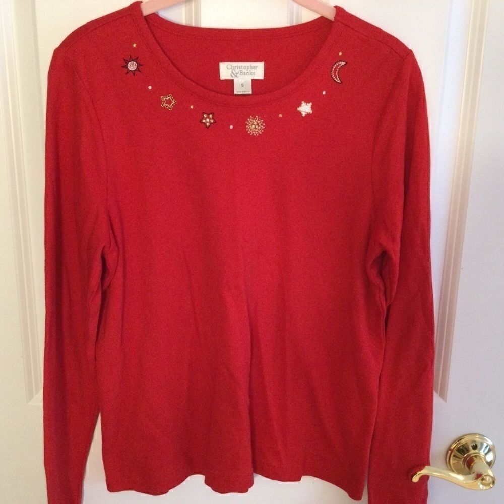 NWOT Christopher  Banks L/S Red Tee w/Embroidery S